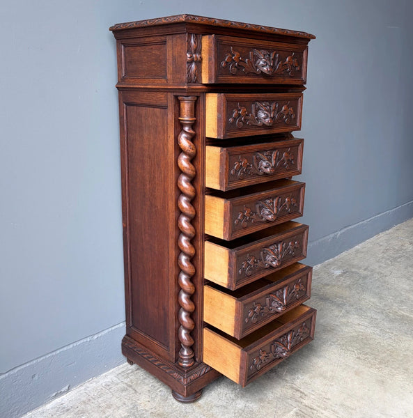 French Antique Solid Oak Wood Seven Drawer Lingerie Chest/Dresser