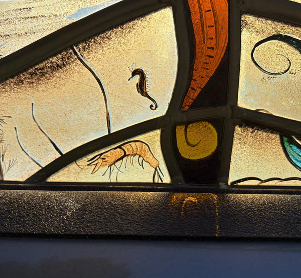Vintage Dutch Stained/Leaded Glass Panel by Lea Steppe Sea Life Themed
