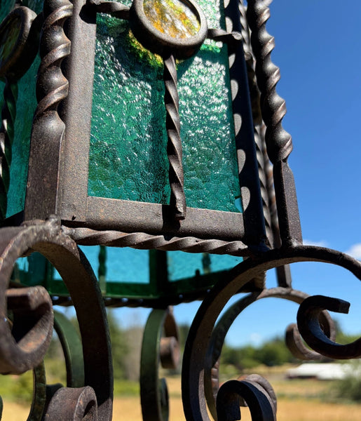 20" Tall Vintage French Iron and Stained Glass Hanging Chandelier/Pendant Lamp
