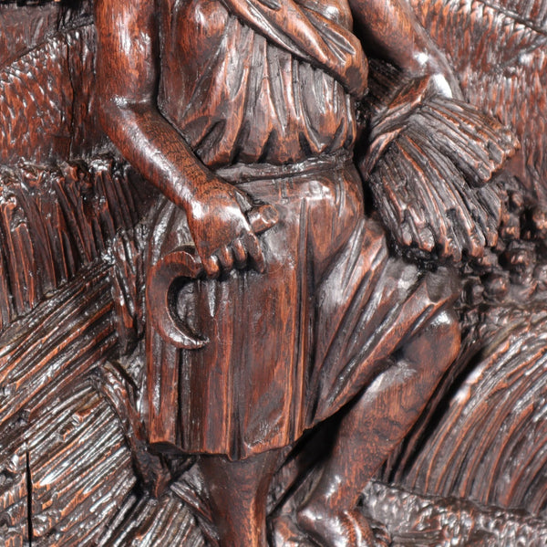 24" Tall Antique French Solid Oak Panel Highly Carved Harvest Theme w/Woman