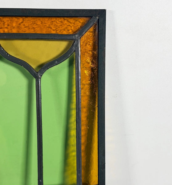 40" Wide Antique French Stained Glass Window Panel with Green & Yellow Glass