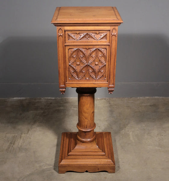 Vintage French Gothic Revival Stand, Cabinet, End Table Highly Carved Oak Wood