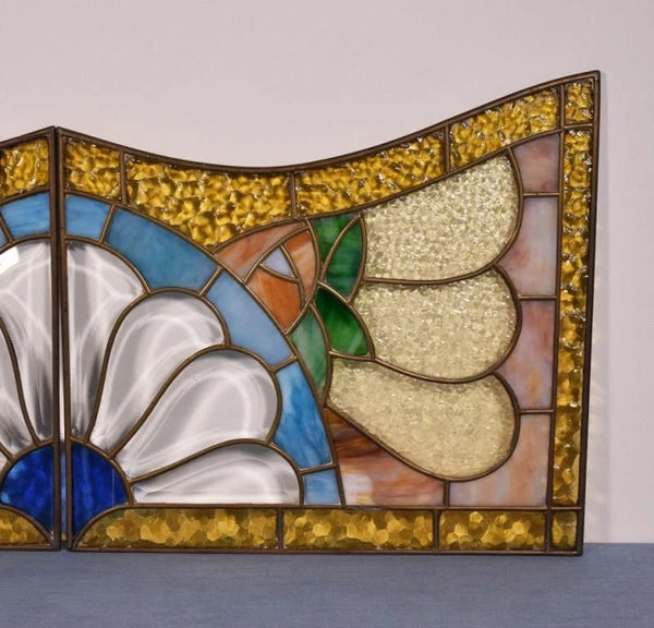 Pair of Vintage French Art Deco Stained Glass Panels with Copper Frames