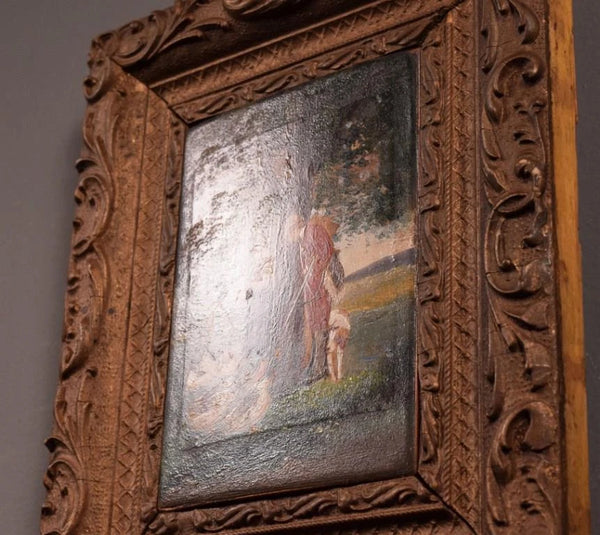 9" Tall Antique Framed Oil on Panel Painting of a Couple Feeding the Geese