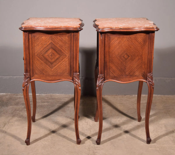 Pair of Antique French Louis XV Nightstands in Walnut with Marble Tops