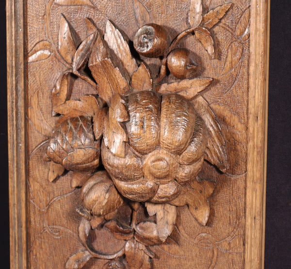 14" Tall French Antique Solid Oak Panel Highly Carved Harvest Theme