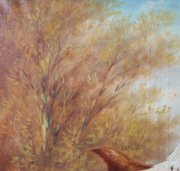 28" Wide Antique Oil Painting of Two Hunting Dogs By Paul Schouten (1860-1922)