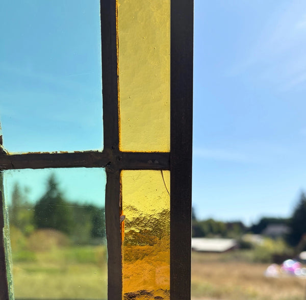 43" Tall Pair of Antique French Stained Glass Window Panels Green & Yellow Glass