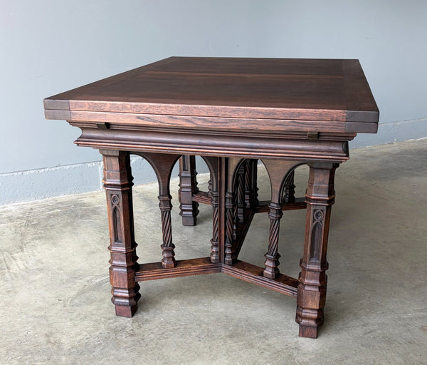 Vintage French Gothic Dining Table in Solid Oak Wood with Highly Detailed Base