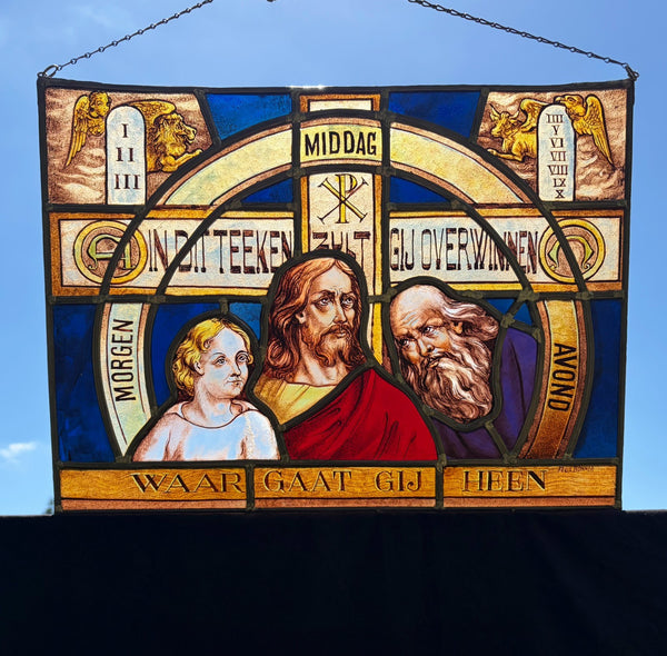 22" Wide Vintage Dutch Religious Stained/Leaded Glass Panel by Felix Bonner