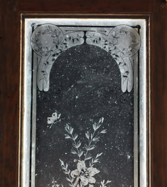 88" Tall Pair of Antique French Etched Glass Windows Frosted Glass with Flowers