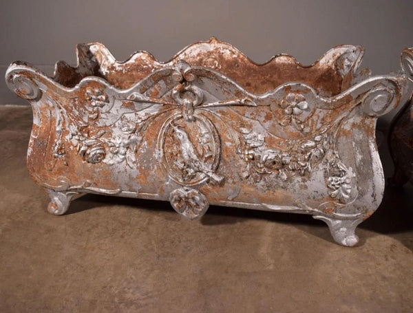XL Pair of French Antique Cast Iron Louis XV Style Planters/Flower Pots Garden