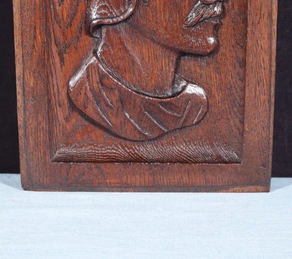12" Tall Antique French Solid Oak Wood Hand Carved Portrait Profile of a Man