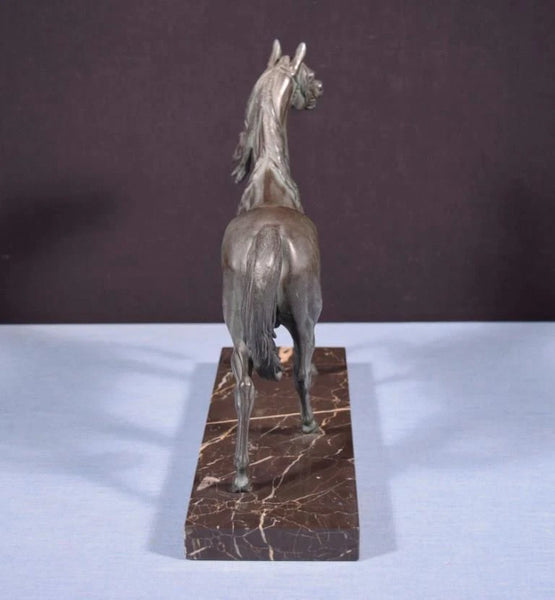 12" Tall Antique French Spelter Life Like Horse Statue with Black Marble Base