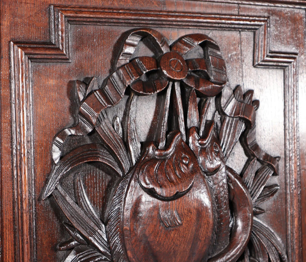 24" Tall French Antique Solid Oak Panel Highly Carved Hunting Theme with Fish