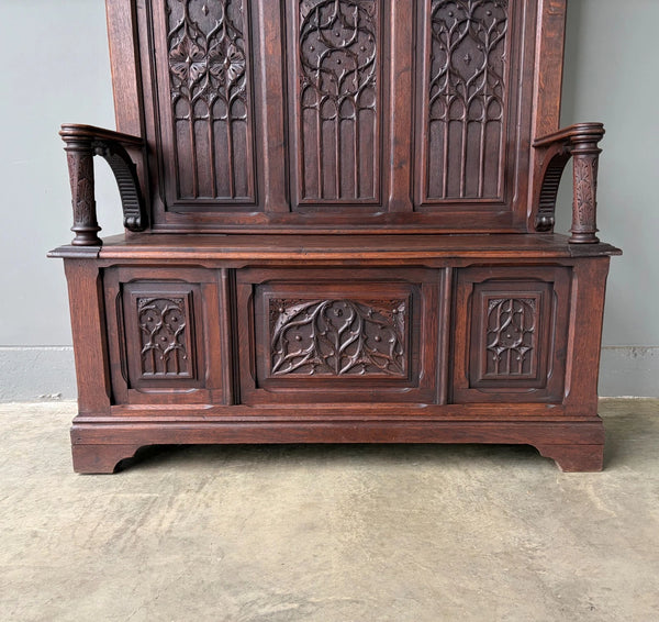 72" Tall Antique French Gothic Revival Oak Wood Bench/Settee/Chair Highly Carved