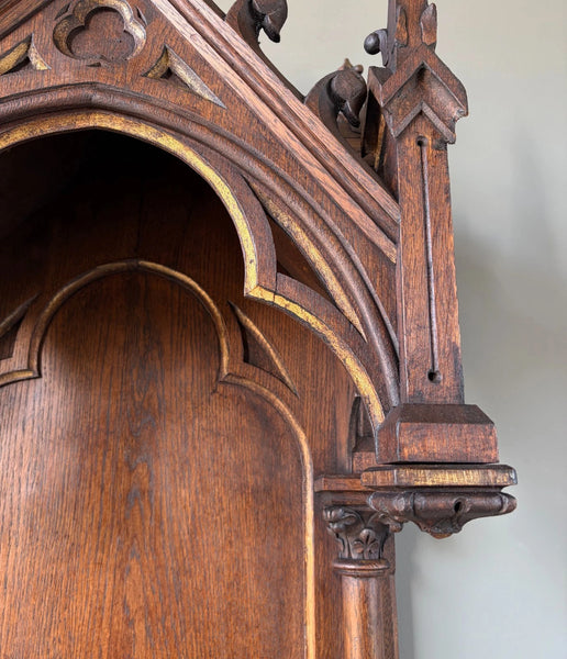 57" Tall French Antique Neo Gothic Solid Oak Highly Carved Wall Niche/Shrine