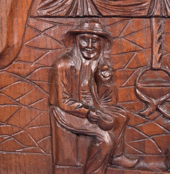 Antique French Breton Panel Brittany in Solid Chestnut Wood with a Man