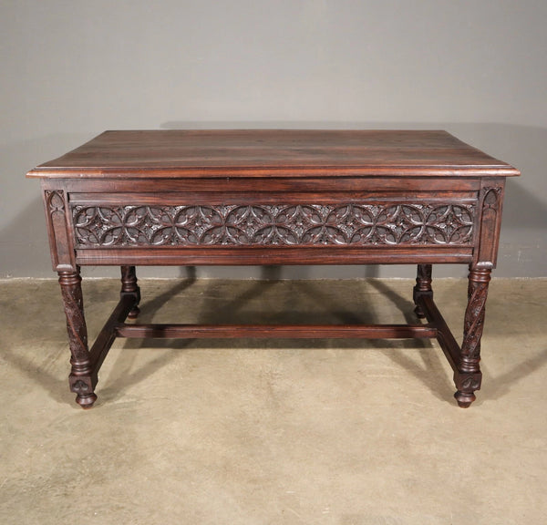 French Antique Gothic Revival Desk with Chair in Solid Carved Chestnut Wood