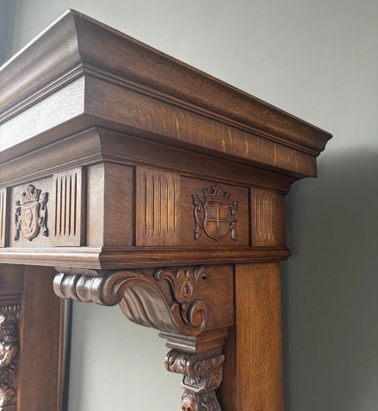 82" Large Vintage Renaissance Revival Oak Fireplace Surround/Mantel w/Figures