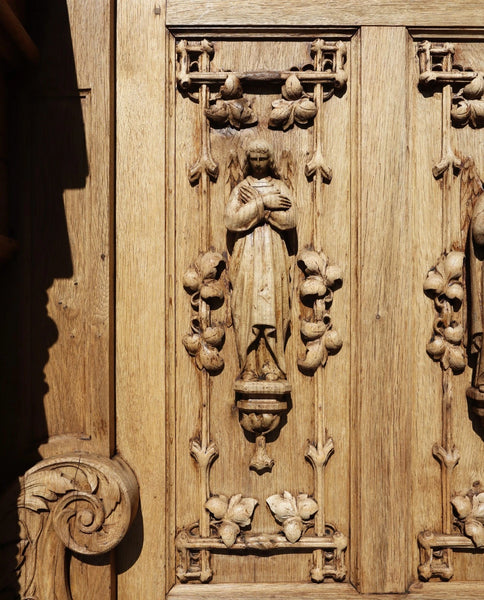 84" Wide Antique French Renaissance Revival Altar/ Tabernacle Highly Carved Oak