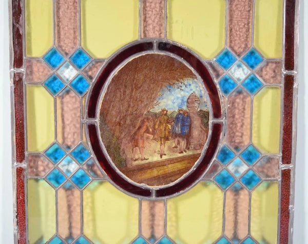 Antique French Stained Leaded Glass Hand Painted Panel w/Parisian Figures