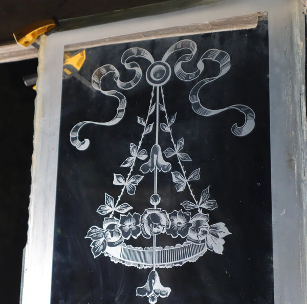 56" Tall Pair of Antique French Etched Glass Windows Frosted Glass with Flowers