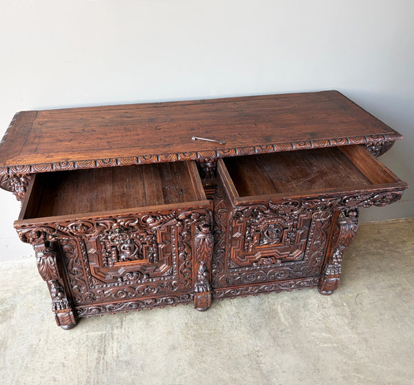1700's Antique French Renaissance Sideboard in Solid Wood Oak Highly Carved
