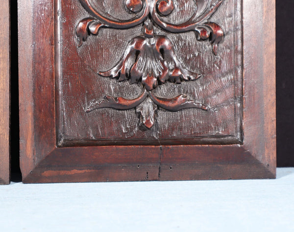 21" Tall Pair of Antique French Solid Walnut Wood Highly Carved Panels