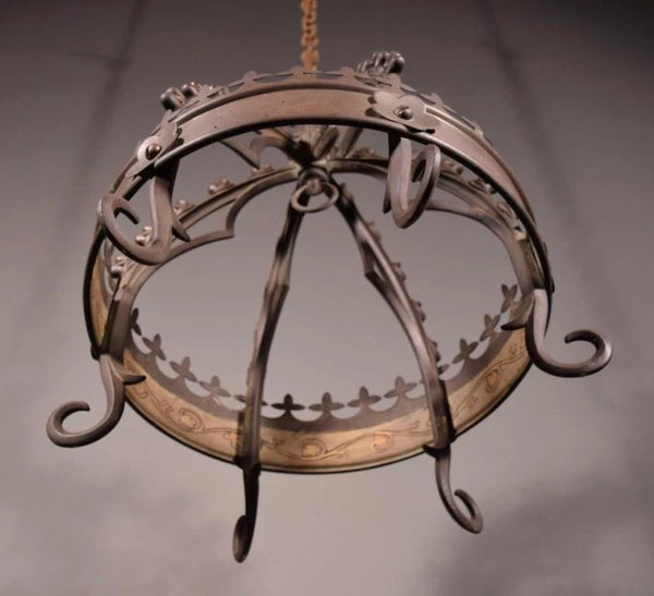 Antique Gothic French Bronze Crown Chandelier Pendent Hanging Lamp
