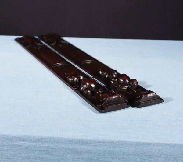 26" Tall Pair of French Antique Solid Oak Wood Highly Carved Wood Trim Posts