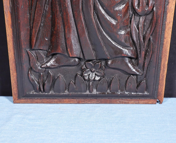 26" Antique French Solid Walnut Wood Panel Highly Carved, Woman with a Mirror