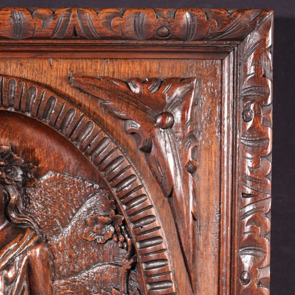 24" Tall Antique French Solid Oak Panel Highly Carved Harvest Theme w/Woman