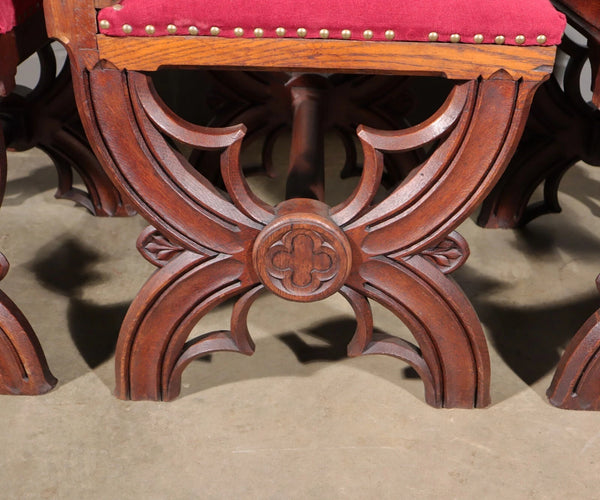 Antique Gothic Priest's Pulpit/Sanctuary Chair Set In Solid Oak and Red Velvet