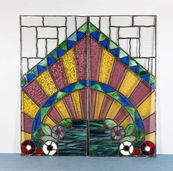 43" Tall Pair of Antique French Art Deco Stained Glass Window Panels