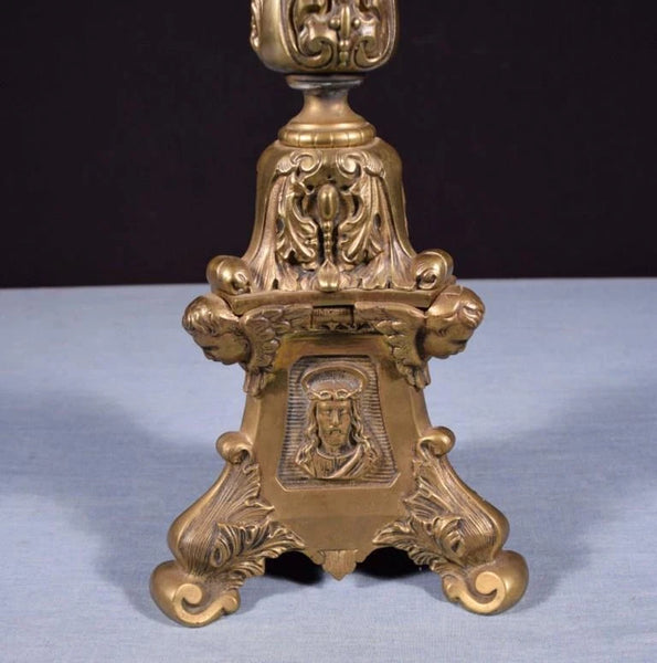 27" Antique Bronze Renaissance Revival Church Candlestick Candelabra w/Jesus
