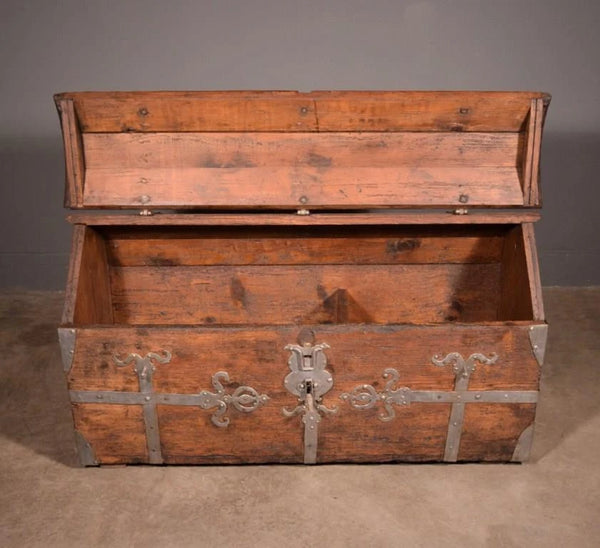 Large Antique French Chest/Trunk in Solid Pine Wood With Iron Straps 1800's