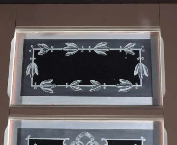 87" Tall Pair of Antique French Etched Glass Windows Frosted Glass with Flowers