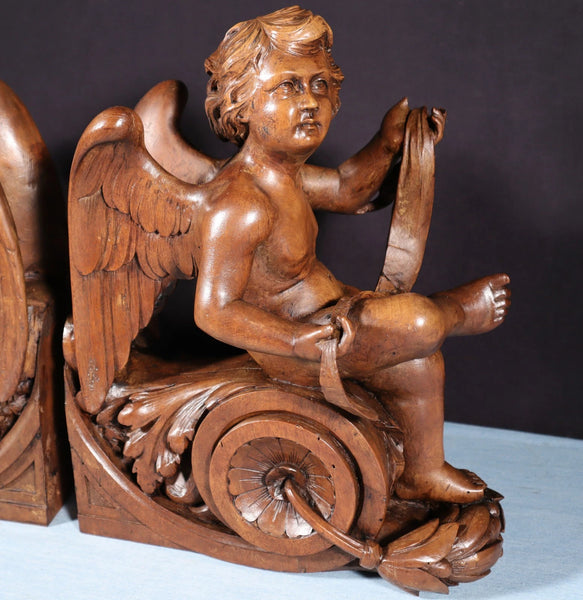 13" Tall Pair of French Antique Solid Walnut Wood Highly Carved Cherubs