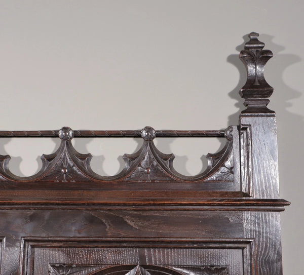 Antique French Neo Gothic Queen Sized Headboard in Solid Chestnut Wood