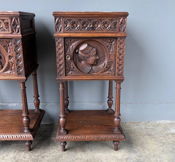 Pair of 34" Tall Antique French Breton Nightstands with Marble Tops in Chestnut
