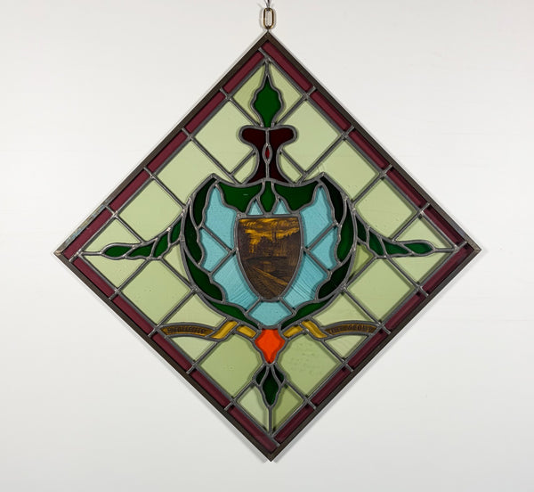 31" Tall Vintage Belgian/Flanders Stained/Leaded Glass Panel of Bruges Belgium