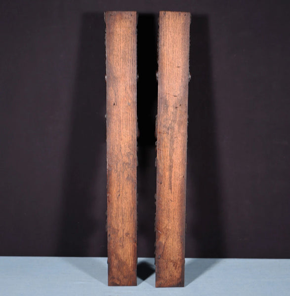 26" Pair of French Antique Solid Oak Wood Highly Carved Wood Lion Trim Posts