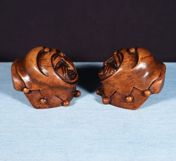 Pair of 3" Tall French Antique Highly Carved Jester Heads in Solid Walnut Wood