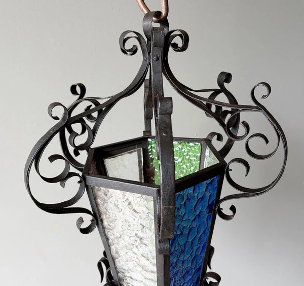 25" Tall French Antique Iron and Stained Glass Hanging Chandelier/Pendant Lamp