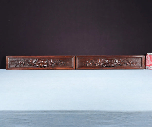 Pair of Antique Black Forest Carved Drawer Panels/Trim in Solid Oak Wood