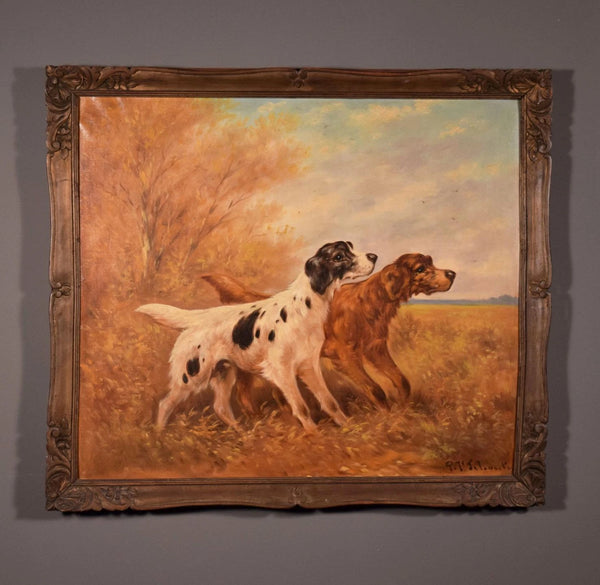 28" Wide Antique Oil Painting of Two Hunting Dogs By Paul Schouten (1860-1922)