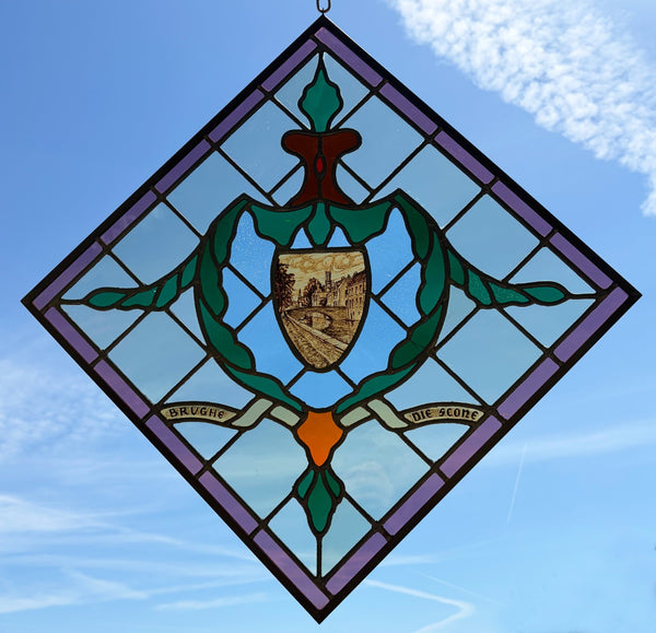 31" Tall Vintage Belgian/Flanders Stained/Leaded Glass Panel of Bruges Belgium