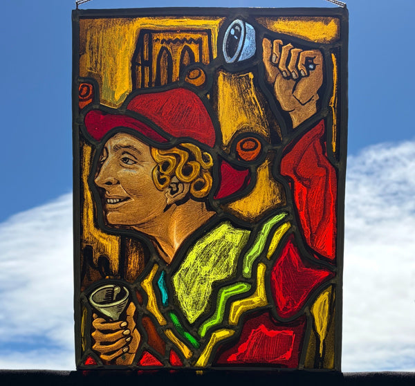 13" Tall Vintage Belgian Stained/Leaded Glass Panel of a Man with Bells