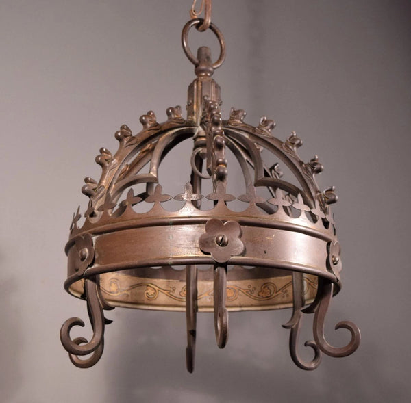 Antique Gothic French Bronze Crown Chandelier Pendent Hanging Lamp